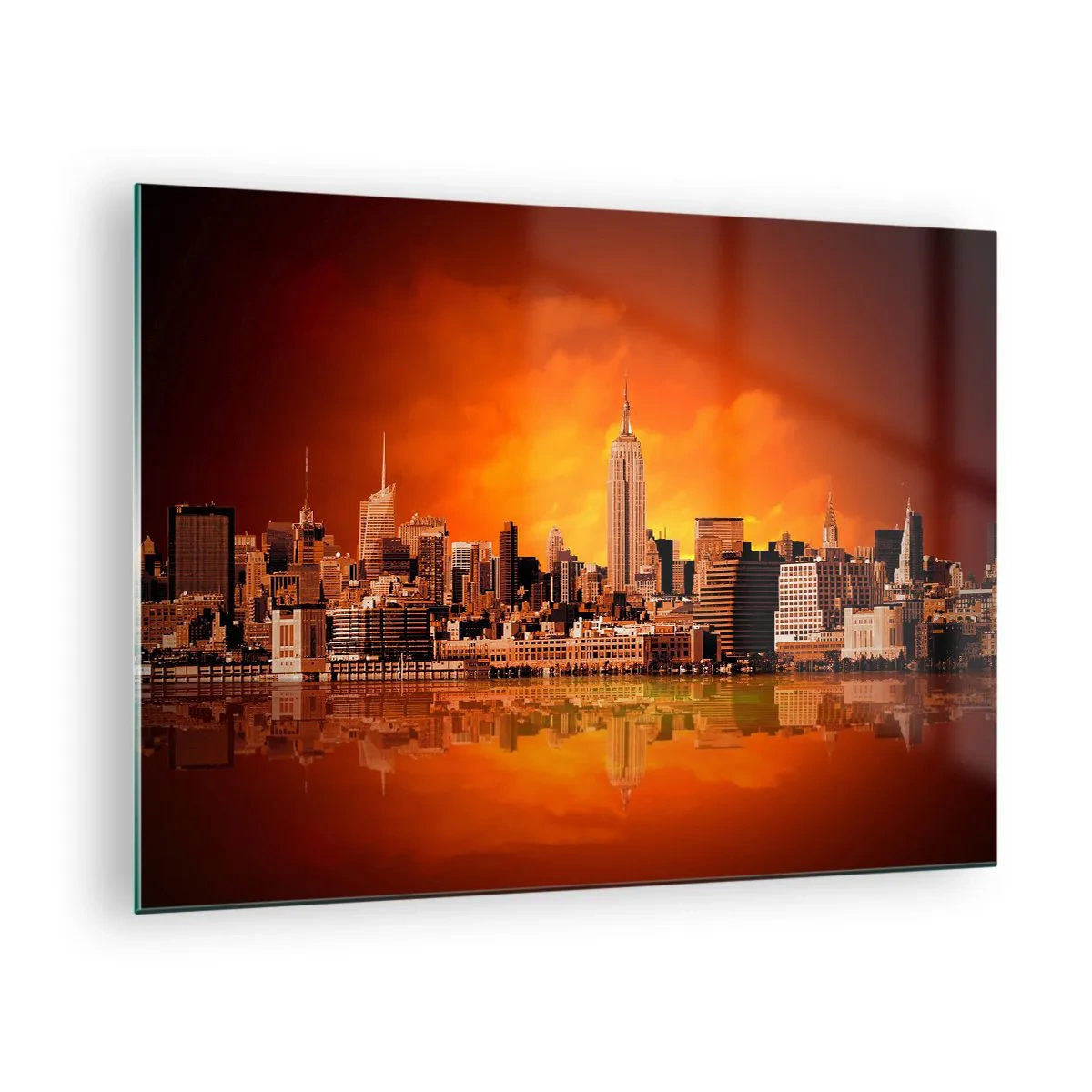 Quadro em vidro - Panorama da cidade ao pôr do sol - 70x50cm - Panorama metropolitano em amarelo e bronze - Decoração de parede moderna para a sala de estar e quarto ARTTOR