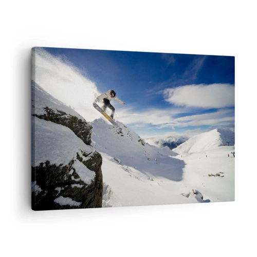 Quadro em tela - Um snowboarder salta de um penhasco com montanhas cobertas de neve ao fundo. - 70x50cm - Liberdade sem fronteiras - Decoração de parede moderna para a sala de estar e quarto ARTTOR