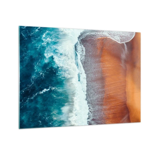 Quadro em vidro - Vista aérea da superfície do oceano e da costa da praia - 70x50cm - Toque do oceano - Decoração de parede moderna para a sala de estar e quarto ARTTOR