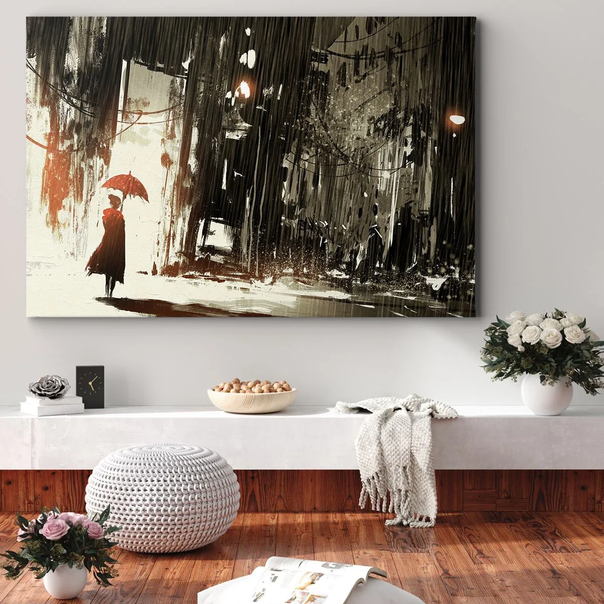 Quadro em tela - Uma figura vermelha com um guarda-chuva em uma cena chuvosa - 70x50cm - A poesia do guarda-chuva vermelho - Decoração de parede moderna para a sala de estar e quarto ARTTOR
