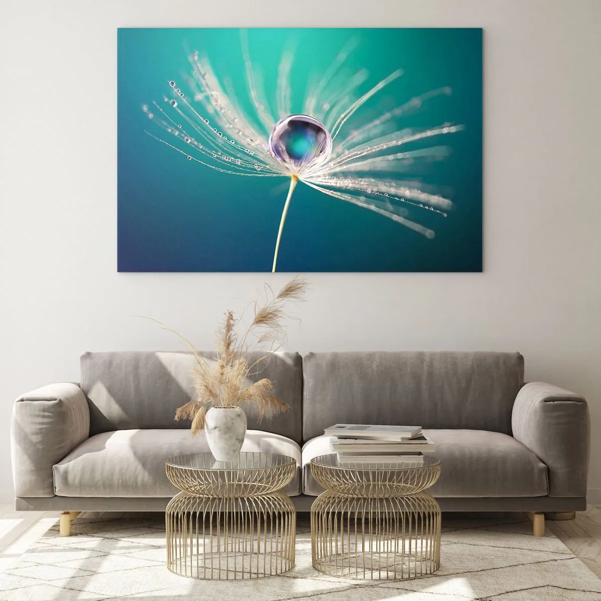 Quadro em vidro - Fotografia macro de uma semente de dente-de-leão com uma gota de orvalho sobre um fundo turquesa - 70x50cm - Momento místico - Decoração de parede moderna para a sala de estar e quarto ARTTOR