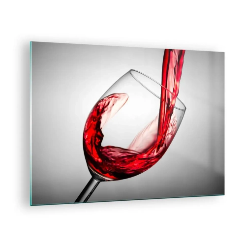 Quadro em vidro - Vinho tinto sendo servido em uma taça sobre um fundo claro - 70x50cm - Cor - movimento - som - Decoração de parede moderna para a sala de estar e quarto ARTTOR