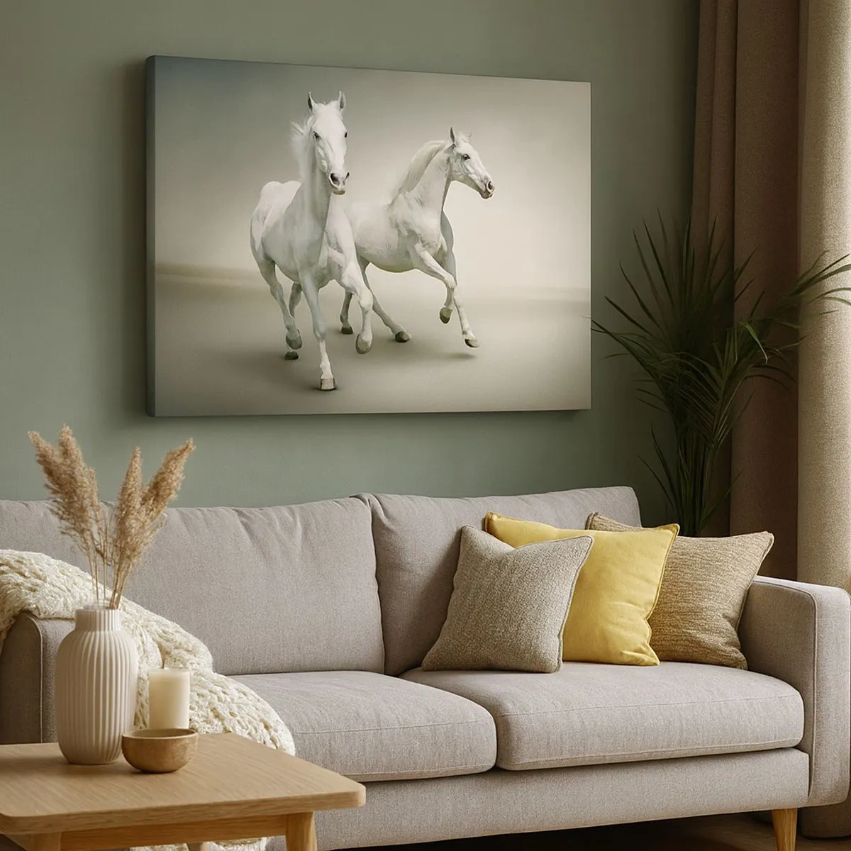 Quadro em tela - Dois cavalos brancos galopando contra um fundo claro - 70x50cm - White power! - Decoração de parede moderna para a sala de estar e quarto ARTTOR