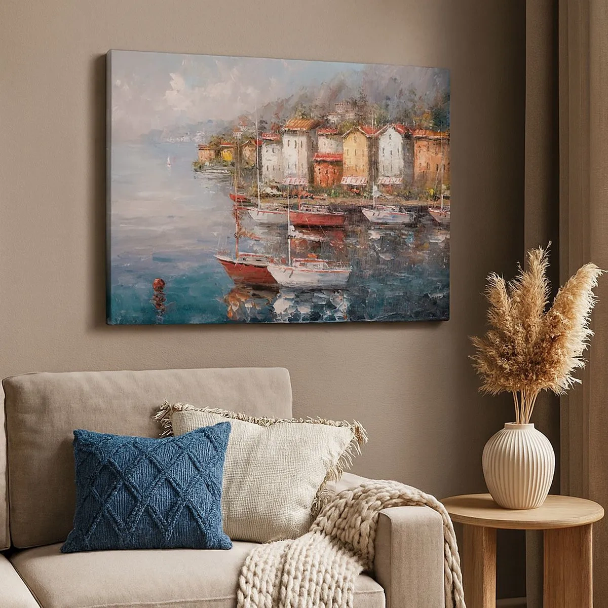 Quadro em tela - Paisagem litorânea com barcos e casas coloridas - 70x50cm - Refúgio romântico - Decoração de parede moderna para a sala de estar e quarto ARTTOR