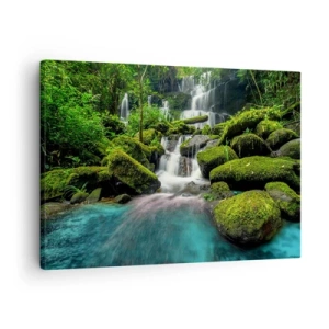 Quadro em tela - Uma cachoeira tropical cercada por vegetação e água azul-turquesa - 70x50cm - Turquesa, safiras e prata líquida - Decoração de parede moderna para a sala de estar e quarto ARTTOR