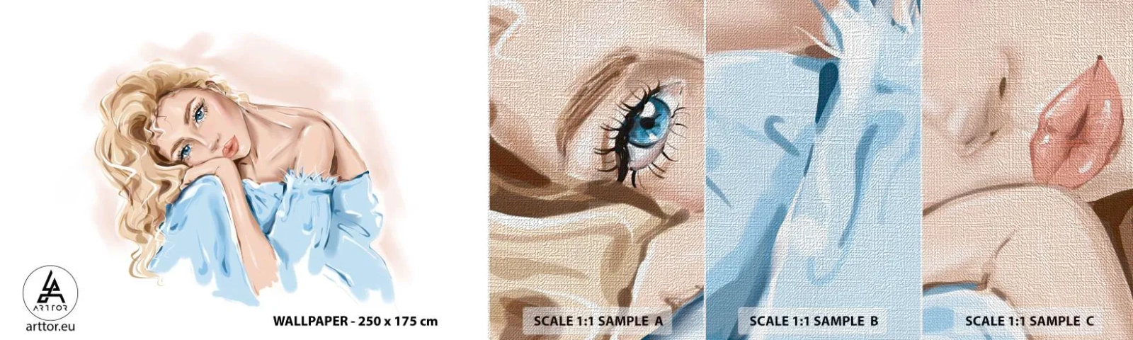 Amostra de papel de parede Premium Canvas - Sonhadora em azul - Mulher, Moda, Gráficos - 100x30 cm