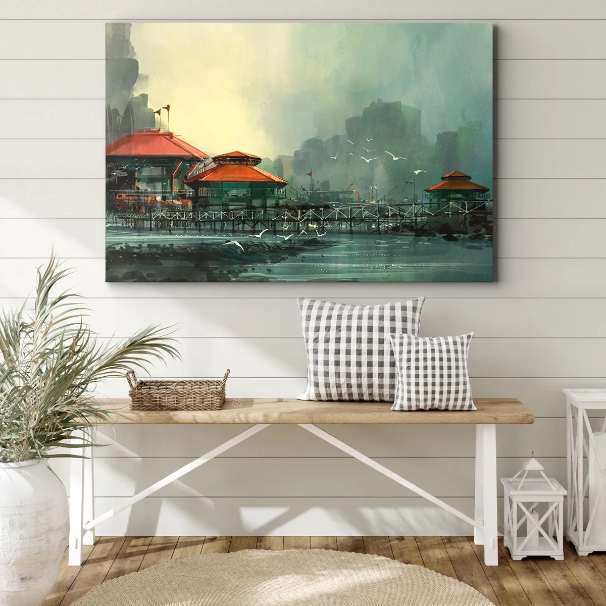 Quadro em tela - Edifícios portuários em um cenário chuvoso com gaivotas - 70x50cm - Um dia ensolarado no porto - Decoração de parede moderna para a sala de estar e quarto ARTTOR