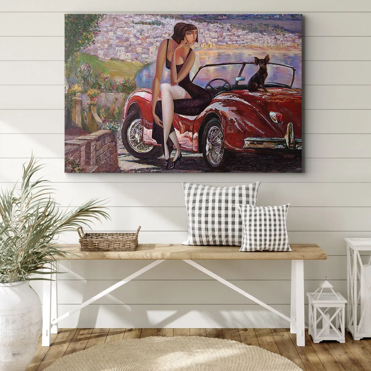Quadro em tela - Uma mulher perto de um carro vermelho com uma cidade ao fundo - 70x50cm - Verão? Apenas na Riviera - Decoração de parede moderna para a sala de estar e quarto ARTTOR