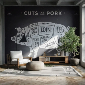 Papel de Parede Premium Canvas - Cartilha do talhante - Gastronomia, Porco Animal, Carne de porco - 500x350 cm