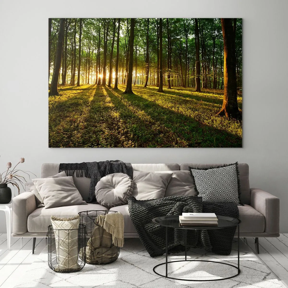 Quadro em vidro - Uma clareira na floresta iluminada pelos raios do sol nascente - 70x50cm - Fotografia de todas as primaveras - Decoração de parede moderna para a sala de estar e quarto ARTTOR
