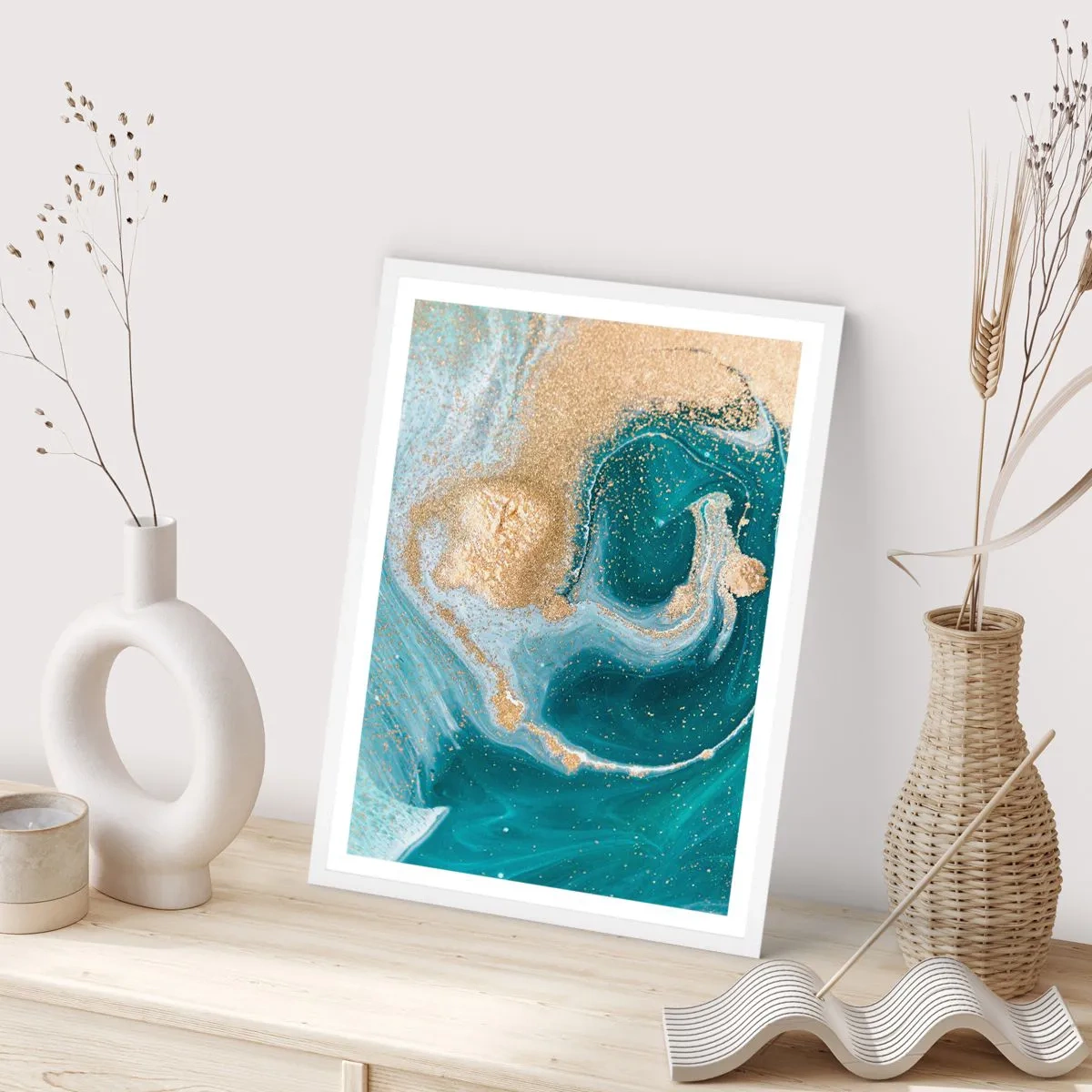 Pôster em moldura branca - Um vórtice de ouro e turquesa - 30x40 cm