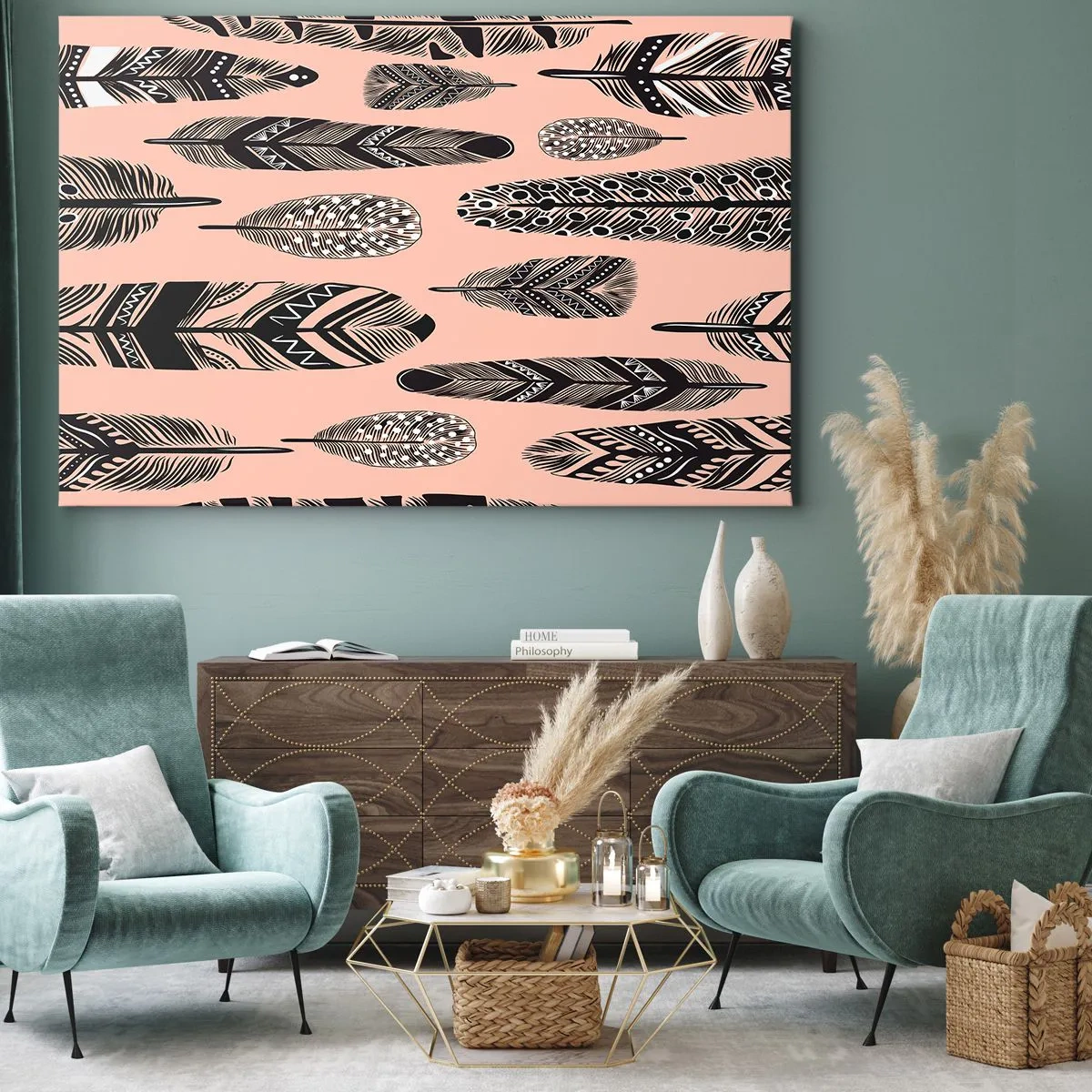 Quadro em tela - Penas decorativas em fundo claro - 70x50cm - Colecção Indiana - Decoração de parede moderna para a sala de estar e quarto ARTTOR