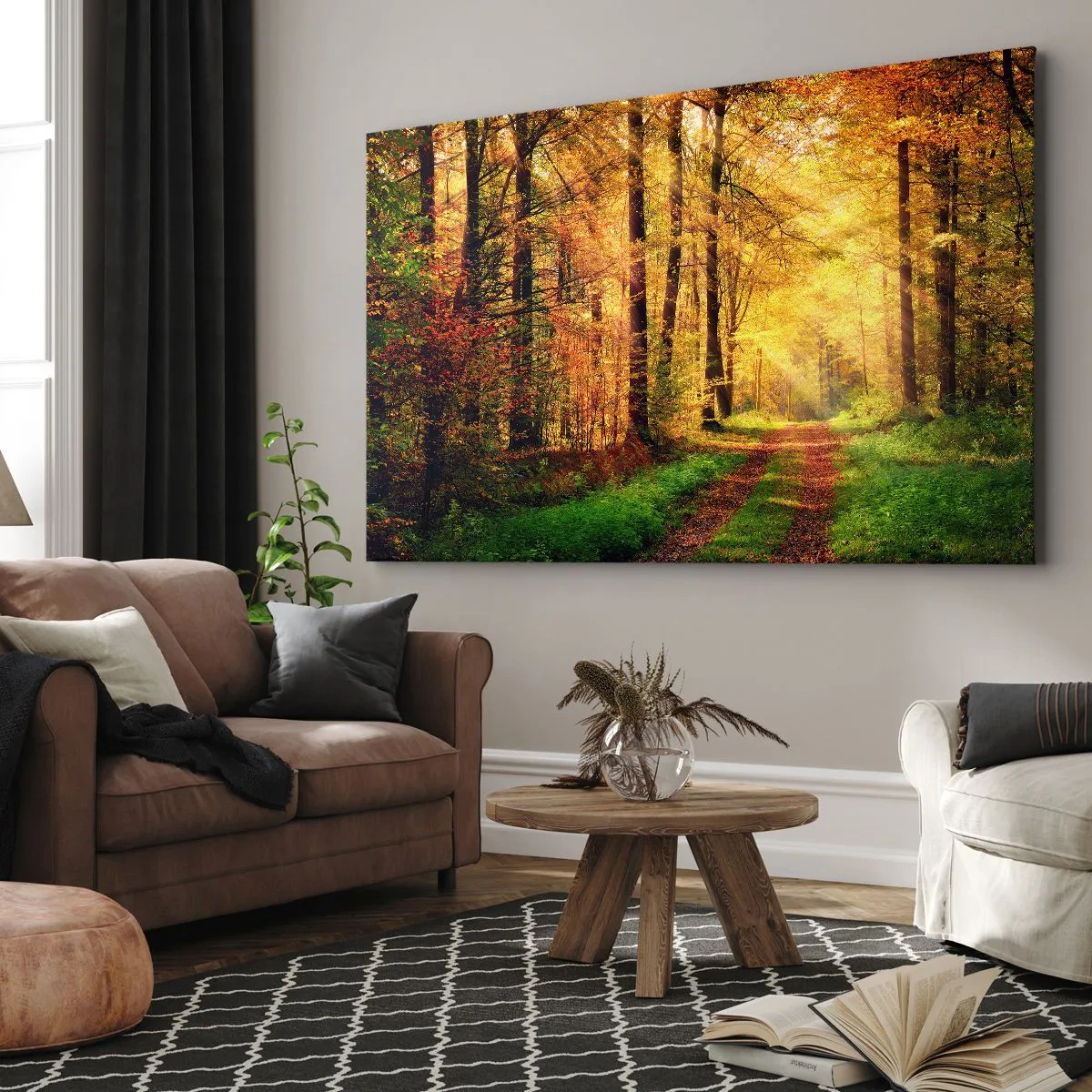 Quadro em tela - Um caminho na floresta cercado por árvores douradas e verdes - 70x50cm - Silêncio dourado da floresta - Decoração de parede moderna para a sala de estar e quarto ARTTOR