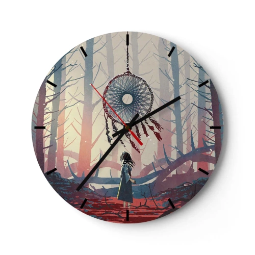 Relógio de parede - Relógio em vidro - Uma figura na floresta olhando para um apanhador de sonhos sob uma luz misteriosa. - 30x30cm - O ritual secreto da felicidade - Decoração de parede moderna para a sala de estar, cozinha e quarto ARTTOR
