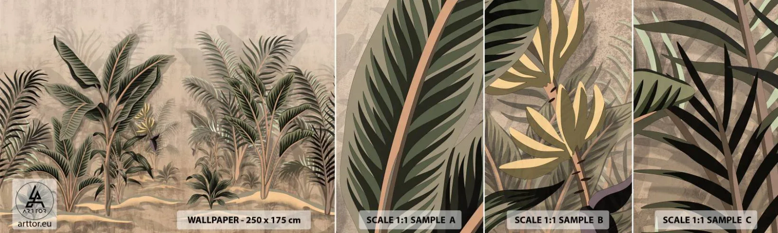 Amostra de Papel de Parede Standard Eco - Gravura em estilo colonial - Floresta tropical, Coqueiro, Bananeira - 100x30 cm