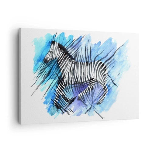 Quadro em tela - Ilustração em aquarela de uma zebra contra um céu azul - 70x50cm - Escondida sob as listras - Decoração de parede moderna para a sala de estar e quarto ARTTOR