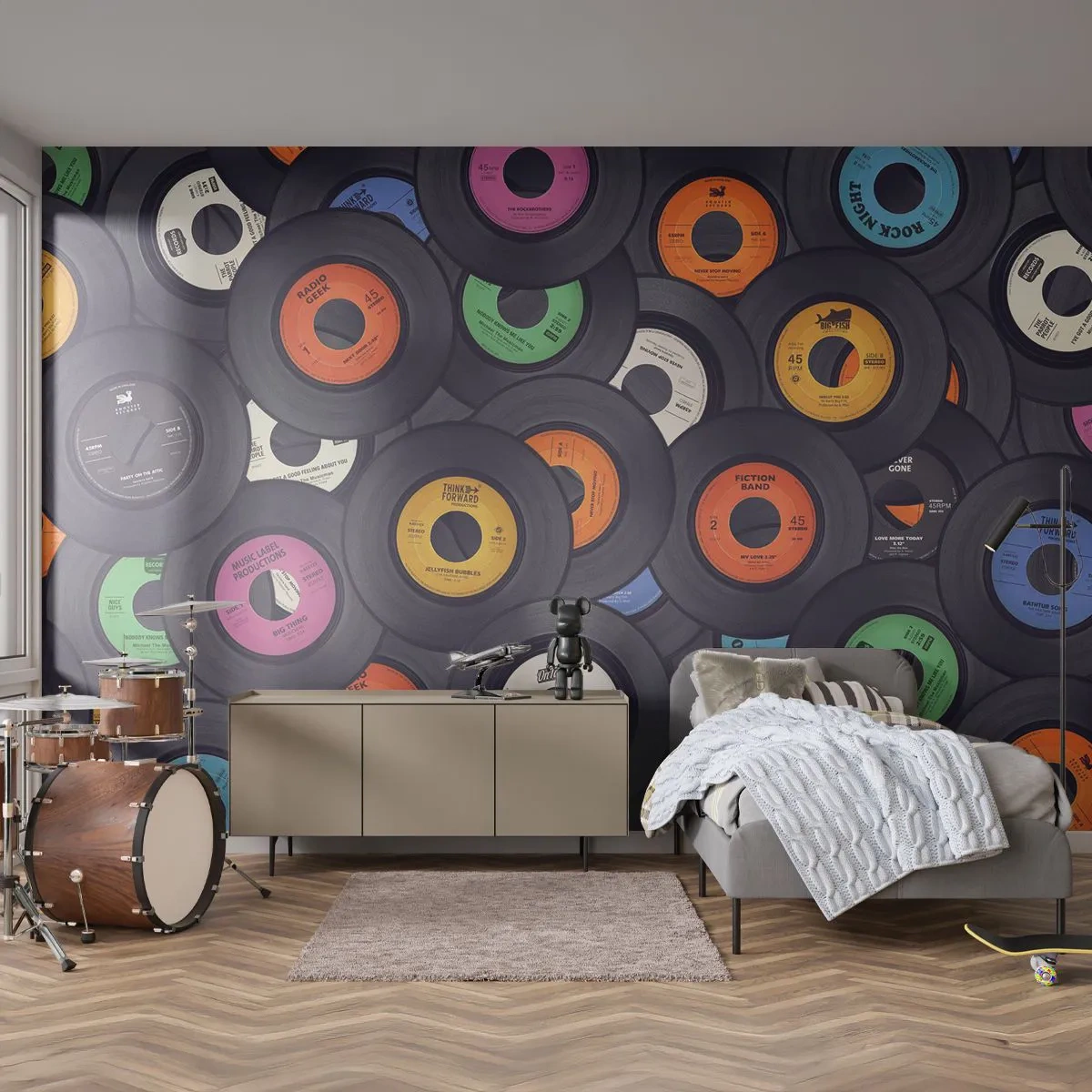 Papel de Parede Standard Eco - Uma coleção de discos de vinil coloridos - 100x70cm - Cores dos clássicos - Decoração de parede moderna para a sala de estar e quarto ARTTOR