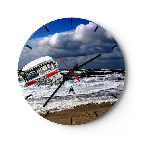 Relógio de parede - Relógio em vidro - Um ônibus retrô com um mar tempestuoso como pano de fundo - 30x30cm - E por que a surpresa? - Decoração de parede moderna para a sala de estar, cozinha e quarto ARTTOR