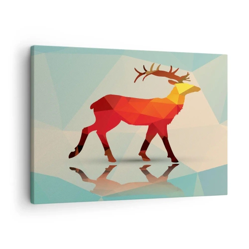 Quadro em tela - Silhueta geométrica de um veado em tons de vermelho e laranja - 70x50cm - Veado geométrico - Decoração de parede moderna para a sala de estar e quarto ARTTOR
