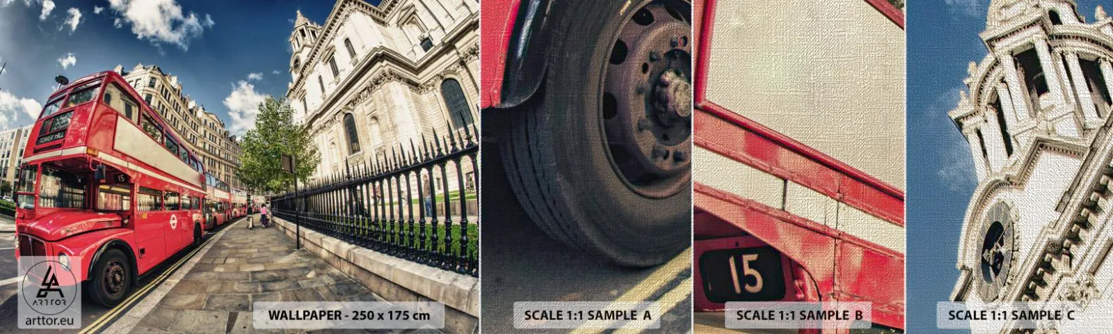 Amostra de papel de parede Premium Canvas - Rua de Londres em cinza e vermelho - Cidade, Londres, ônibus vermelho - 100x30 cm