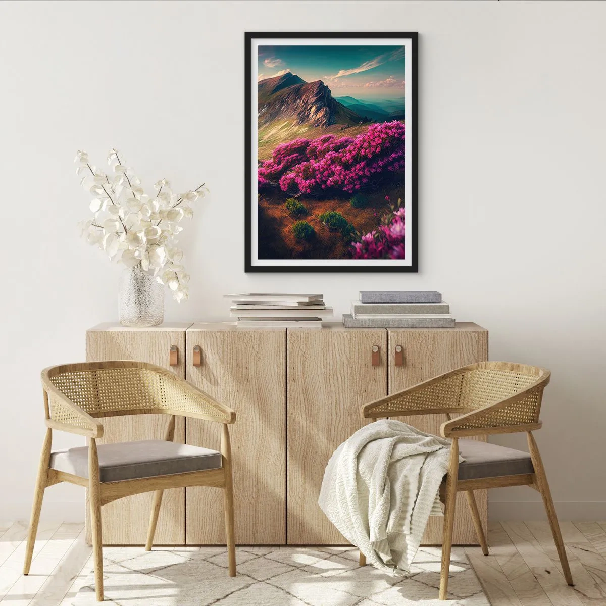 Pôster com moldura preta - Paisagem montanhosa com rododendros em flor - 50x70cm - Verão nas montanhas - Decoração de parede moderna para a sala de estar e quarto ARTTOR