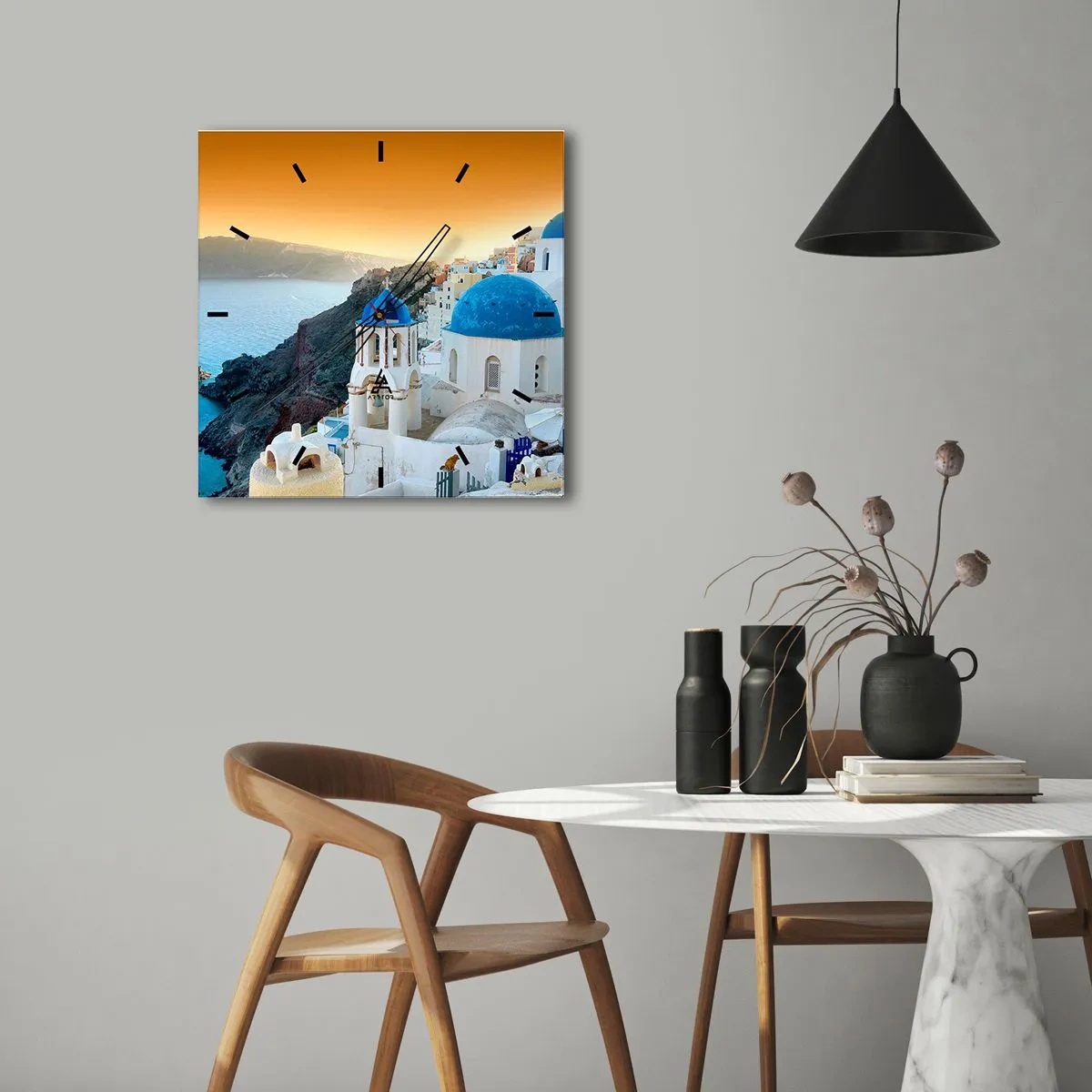 Relógio de parede - Relógio em vidro - Santorini - abraçada às rochas - 30x30 cm