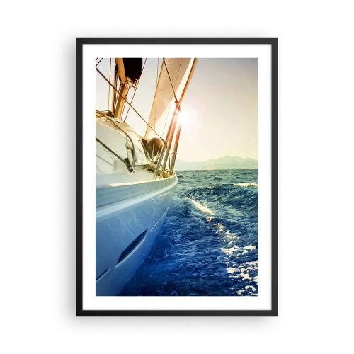 Pôster com moldura preta - Um iate navegando por um mar calmo sob a luz quente do sol - 50x70cm - Depois da aventura - Decoração de parede moderna para a sala de estar e quarto ARTTOR