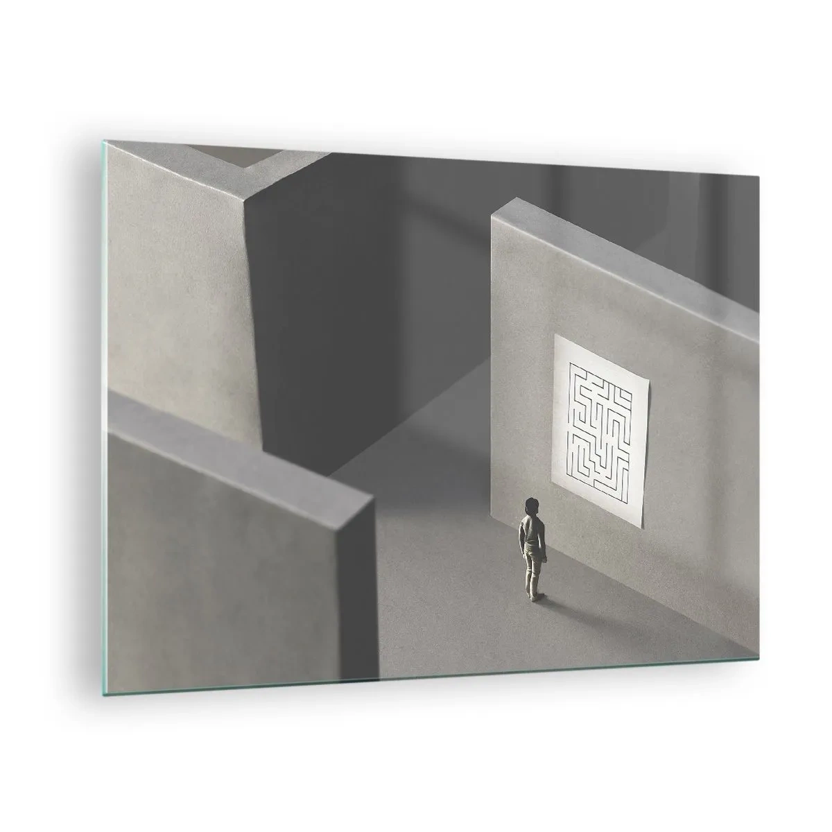 Quadro em vidro - Criança em um labirinto com um símbolo de enigma - 70x50cm - Mas onde estou? - Decoração de parede moderna para a sala de estar e quarto ARTTOR