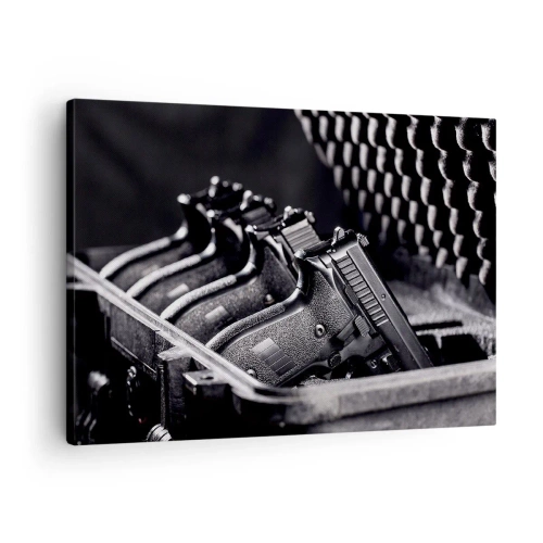 Quadro em tela - Uma imagem em preto e branco de uma pilha de armas em uma mala. - 70x50cm - Desporto masculino - Decoração de parede moderna para a sala de estar e quarto ARTTOR