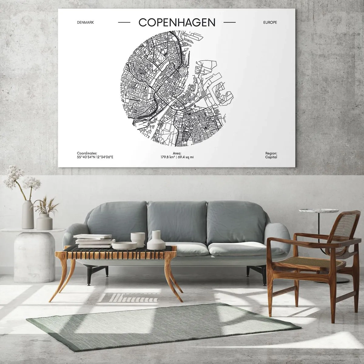 Quadro em vidro - Um mapa de Copenhague na forma de um esboço gráfico de rua - 70x50cm - Anatomia de Copenhague - Decoração de parede moderna para a sala de estar e quarto ARTTOR