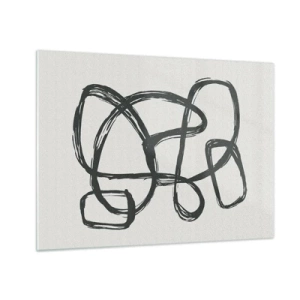 Quadro em vidro - Laços e linhas pretas formam uma composição abstrata sobre um fundo branco. - 70x50cm - Abstração em loop - Decoração de parede moderna para a sala de estar e quarto ARTTOR