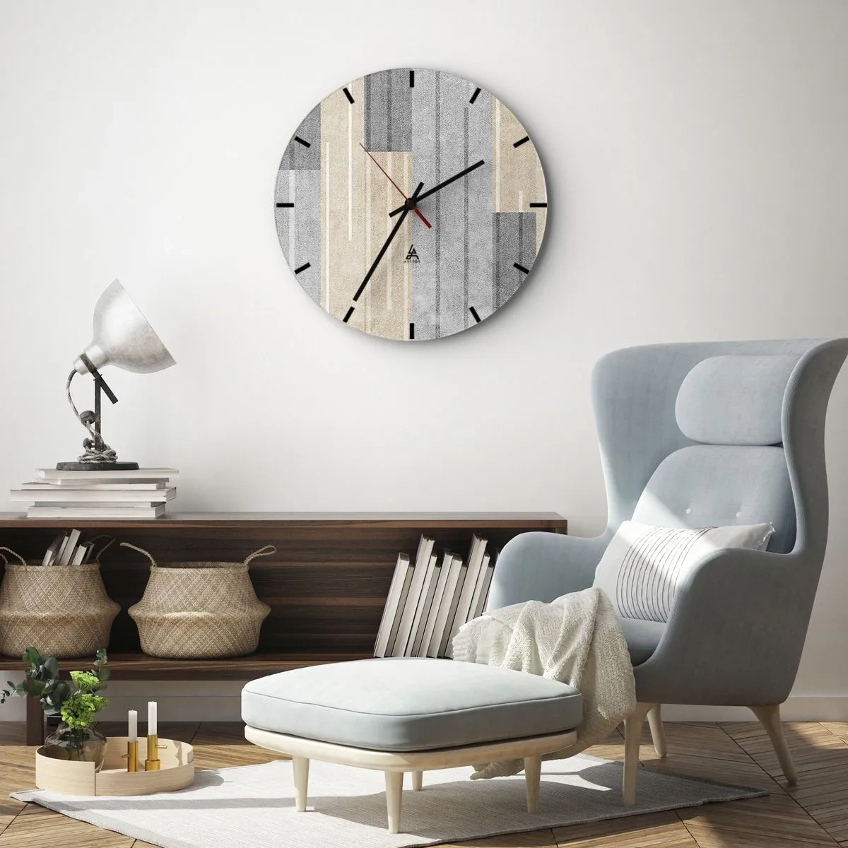 Relógio de parede - Relógio em vidro - Composição geométrica com listras verticais em tons de cinza - 30x30cm - Composição: mantenha vertical - Decoração de parede moderna para a sala de estar, cozinha e quarto ARTTOR