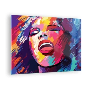 Quadro em vidro - Retrato abstrato de uma mulher em cores intensas - 70x50cm - Cantar uma vida inteira - Decoração de parede moderna para a sala de estar e quarto ARTTOR