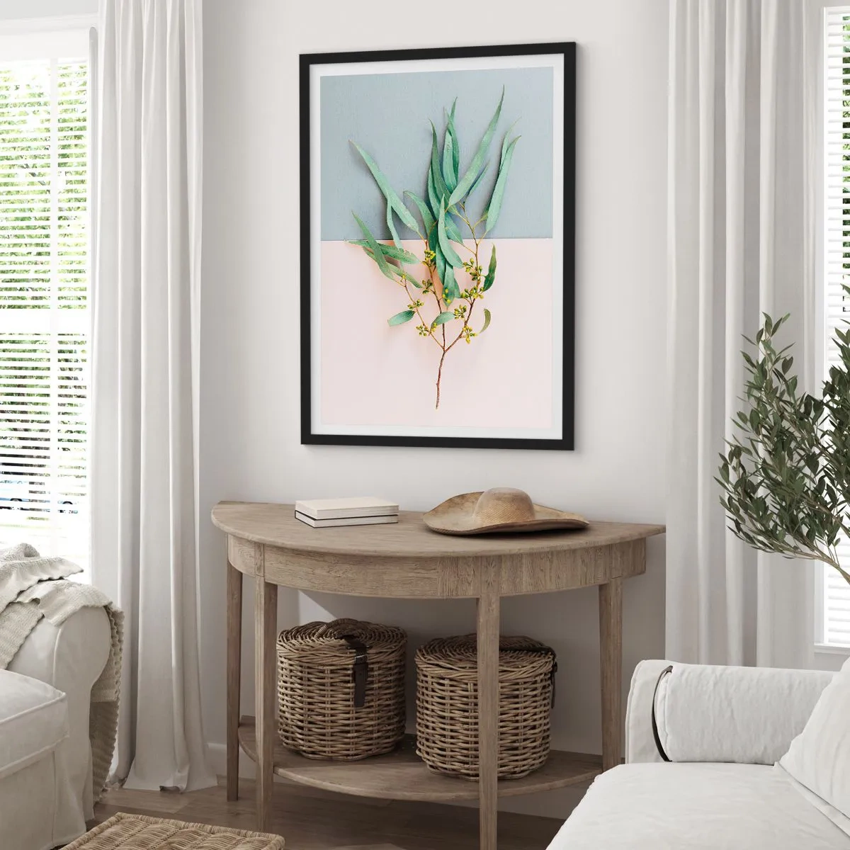 Pôster com moldura preta - Um ramo de eucalipto sobre um fundo pastel - 50x70cm - Sutileza pastel - Decoração de parede moderna para a sala de estar e quarto ARTTOR