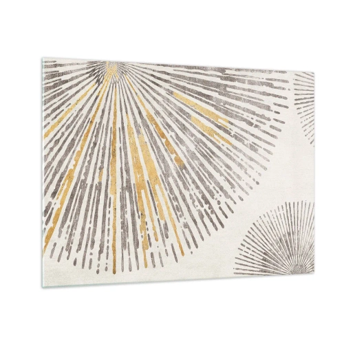 Quadro em vidro - Linhas radiais em tons de dourado e cinza sobre fundo claro - 70x50cm - A beleza do raio - Decoração de parede moderna para a sala de estar e quarto ARTTOR