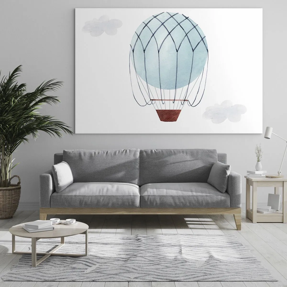 Quadro em vidro - Balão de ar quente azul nas nuvens - 70x50cm - Tudo nas nuvens - Decoração de parede moderna para a sala de estar e quarto ARTTOR
