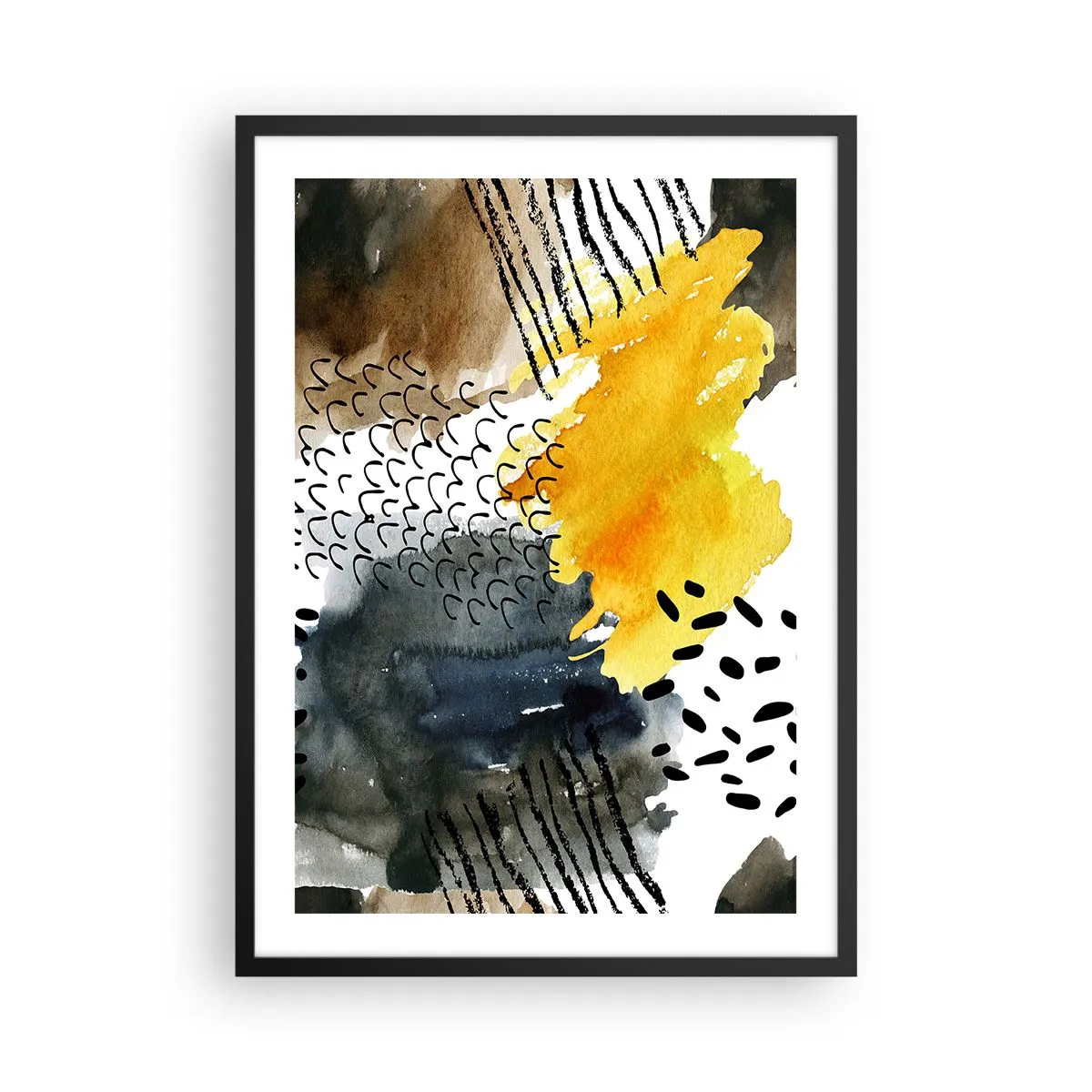Pôster com moldura preta - Composição abstrata em tons de amarelo e preto - 50x70cm - Reunião dos elementos da natureza - Decoração de parede moderna para a sala de estar e quarto ARTTOR