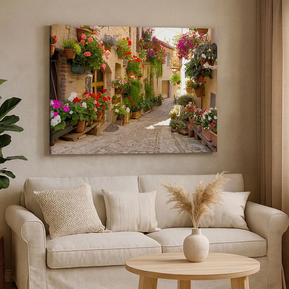 Quadro em tela - Uma rua com flores em vasos e muros de pedra - 70x50cm - Nas flores do dilúvio - Decoração de parede moderna para a sala de estar e quarto ARTTOR