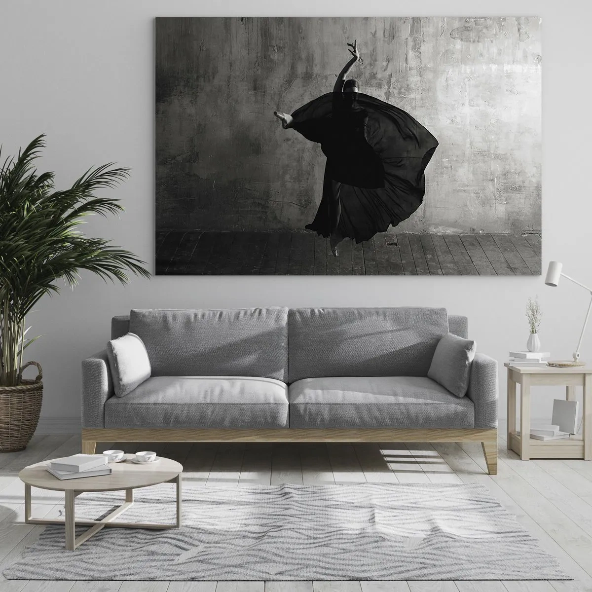 Quadro em vidro - Silhueta em preto e branco de uma dançarina em pose dinâmica - 70x50cm - Cheio de paixão - Decoração de parede moderna para a sala de estar e quarto ARTTOR