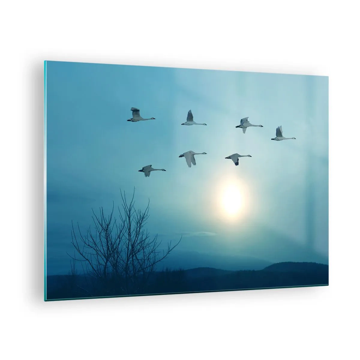 Quadro em vidro - Cisnes voando contra o cenário do pôr do sol e uma paisagem de inverno - 70x50cm - Adeus verão, até o ano que vem - Decoração de parede moderna para a sala de estar e quarto ARTTOR
