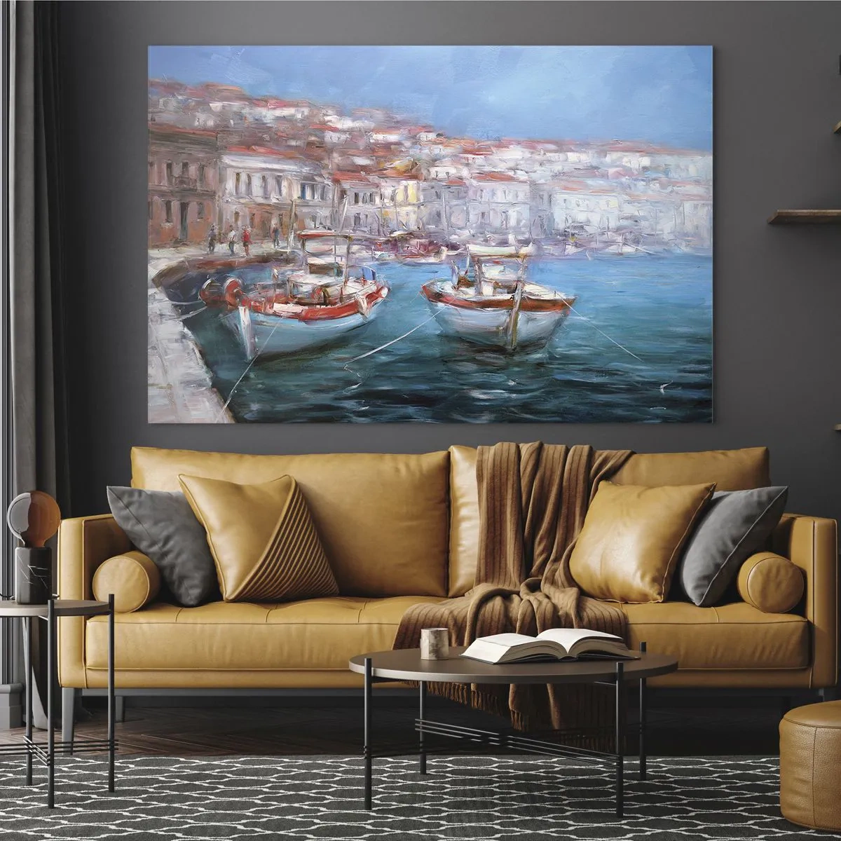 Quadro em vidro - Porto de pesca com barcos tendo como pano de fundo edifícios italianos e um céu azul - 70x50cm - Baía italiana - Decoração de parede moderna para a sala de estar e quarto ARTTOR