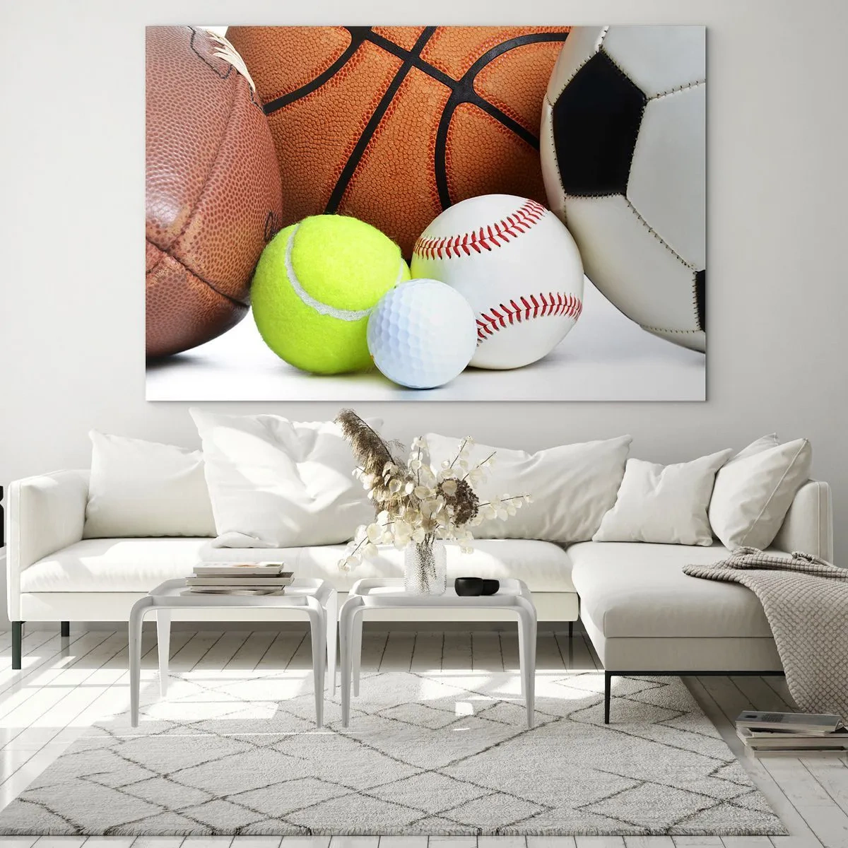 Quadro em vidro - Um conjunto de bolas esportivas em um fundo branco - 70x50cm - Adoramos uma bola! - Decoração de parede moderna para a sala de estar e quarto ARTTOR
