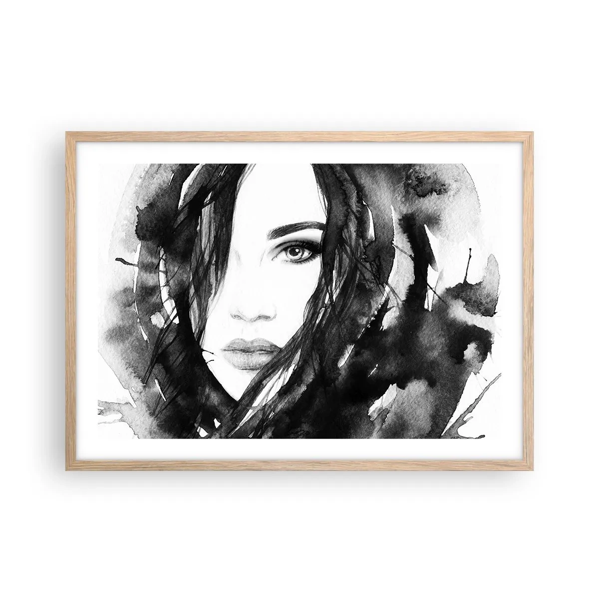 Pôster com moldura de carvalho claro - Retrato de uma dama a preto e branco - 70x50 cm
