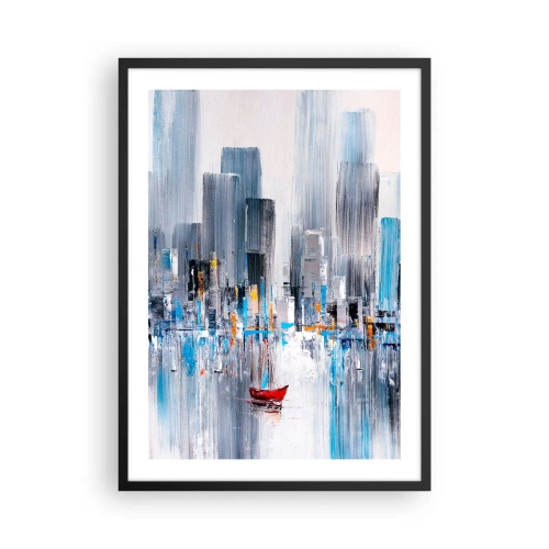 Pôster com moldura preta - Uma pintura abstrata representando o horizonte de uma cidade sobre a água com um barco vermelho. - 50x70cm - Uma metrópole à beira da baía - Decoração de parede moderna para a sala de estar e quarto ARTTOR