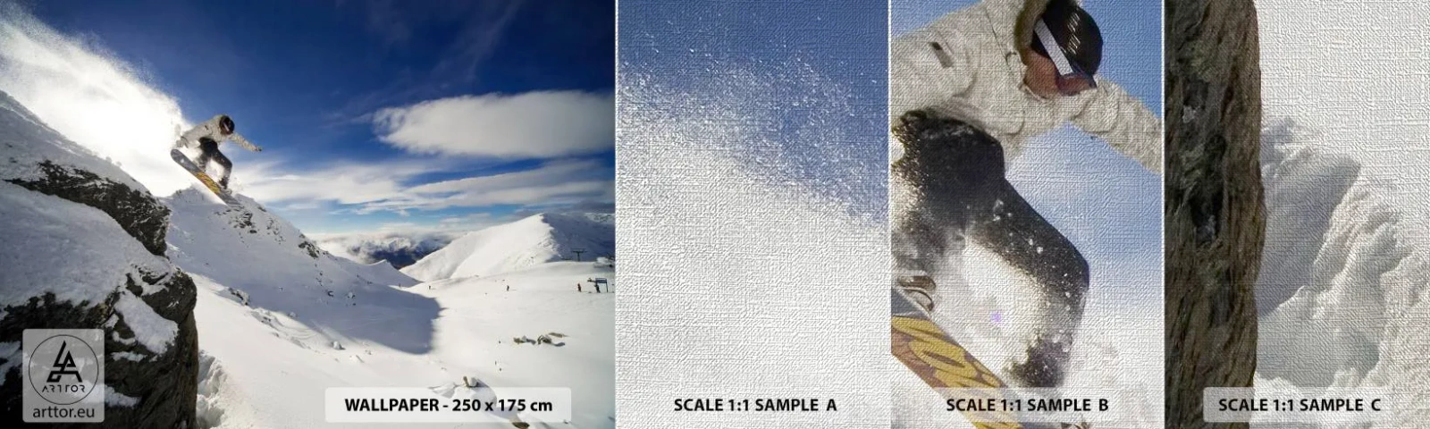 Amostra de papel de parede Premium Canvas - Liberdade sem fronteiras - Snowboard, Paisagem, Montanhas - 100x30 cm