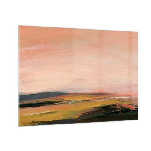 Quadro em vidro - Uma paisagem abstrata em tons de rosa e verde-sujo. - 70x50cm - Em tons rosa - Decoração de parede moderna para a sala de estar e quarto ARTTOR