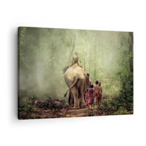 Quadro em tela - Crianças com um elefante em uma floresta verde na luz da manhã - 70x50cm - Novo Livro da Selva - Decoração de parede moderna para a sala de estar e quarto ARTTOR