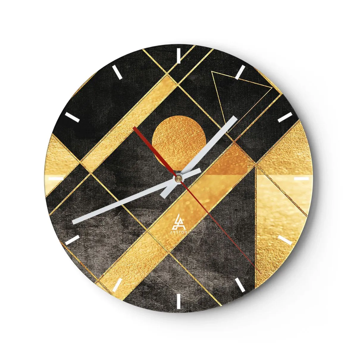 Relógio de parede - Relógio em vidro - Formas geométricas douradas sobre fundo preto com motivo de sol - 30x30cm - Sol do Deserto - Decoração de parede moderna para a sala de estar, cozinha e quarto ARTTOR