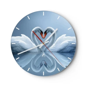 Relógio de parede - Relógio em vidro - Um par de cisnes formando um coração em uma superfície calma de água - 30x30cm - Hora do amor - Decoração de parede moderna para a sala de estar, cozinha e quarto ARTTOR