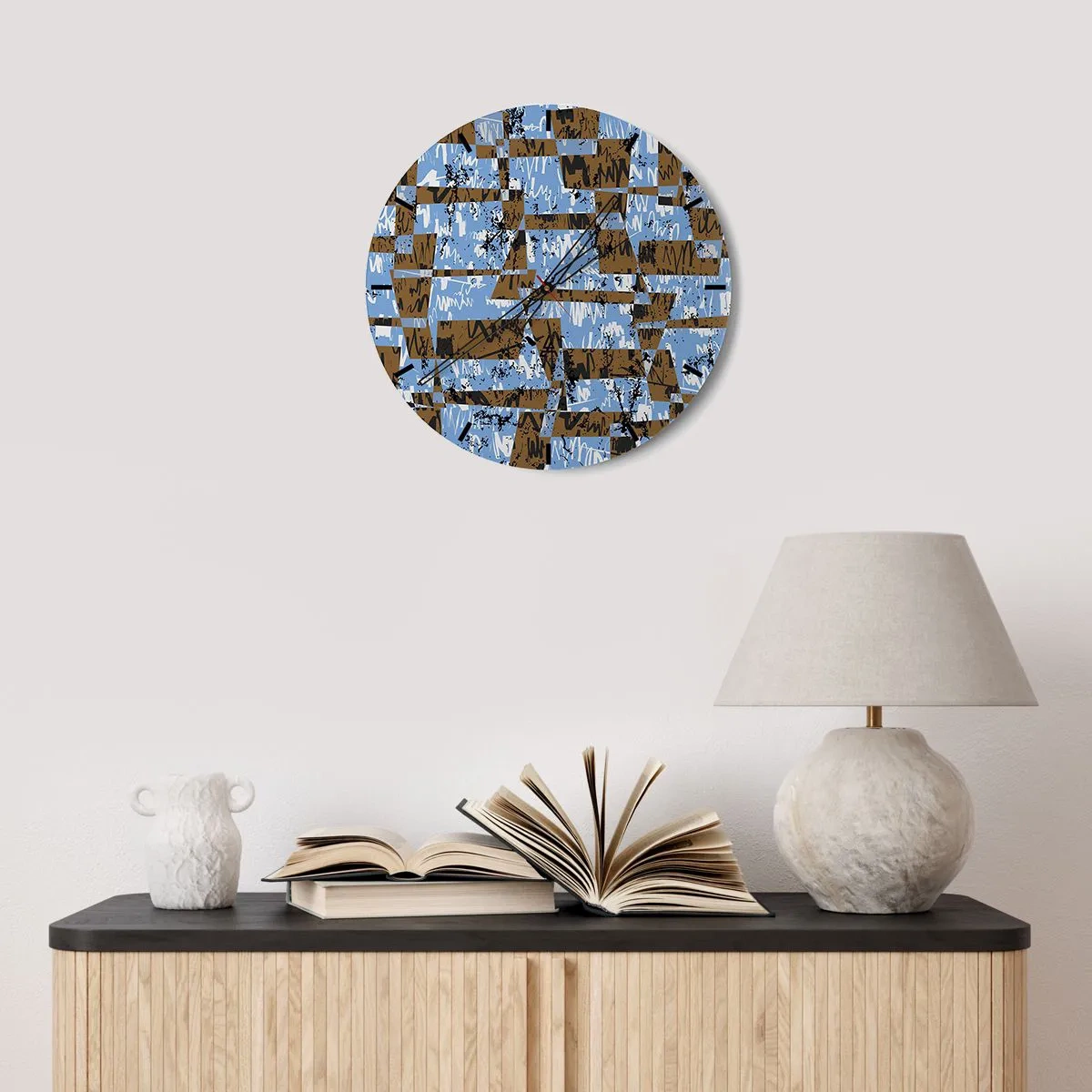 Relógio de parede - Relógio em vidro - Padrões geométricos em tons de azul e marrom - 30x30cm - Recorte não popular - Decoração de parede moderna para a sala de estar, cozinha e quarto ARTTOR